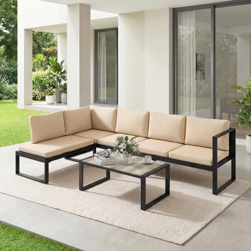 Outsunny Conjunto de Jardín Exterior de 4 Piezas, Muebles Jardín Exterior con 2 Sofás de 2 Plazas, 1 Sillón sin Brazos y Mesa de Centro, Conjunto de Sofá con Estructura de Acero y Cojines, Caqui