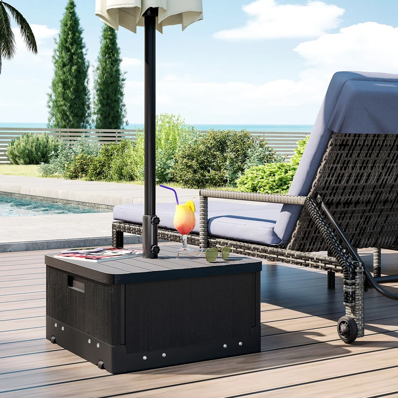 Outsunny Base para Sombrilla Exterior 3 en 1, Mesa Auxiliar, Macetero con Orificio de Drenaje, Soporte de Parasol Rellenable Arena 80 kg con Ruedas y Asas para Sombrilla con Postes Ø38 y Ø48 mm, Negro