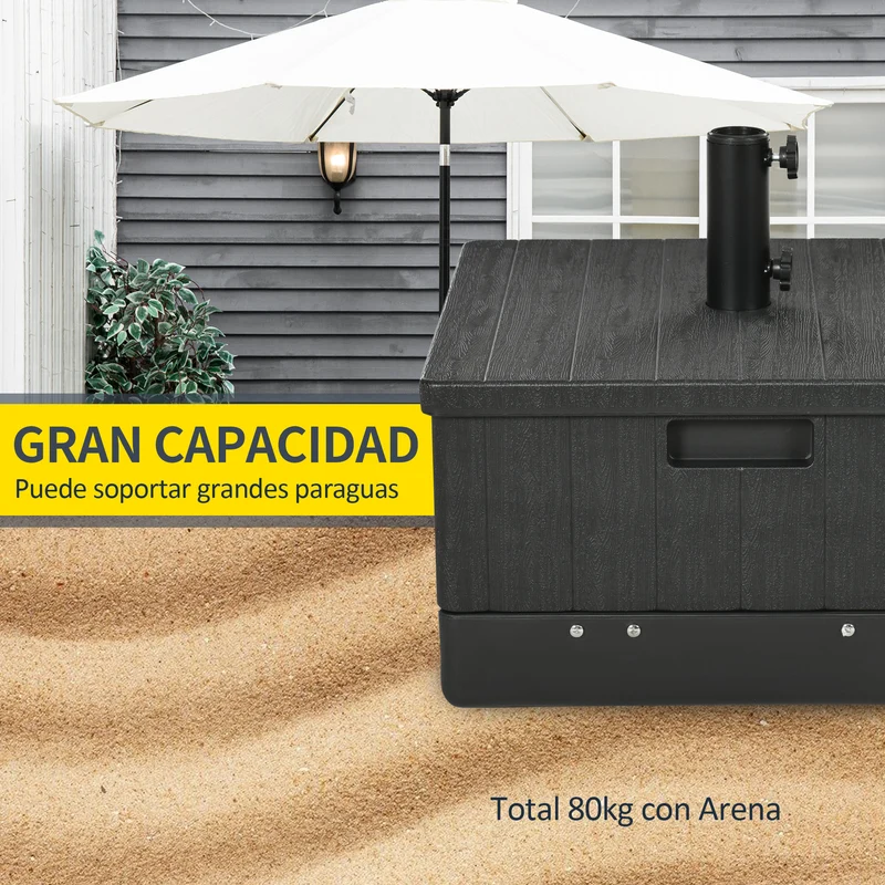 Outsunny Base para Sombrilla Exterior 3 en 1, Mesa Auxiliar, Macetero con Orificio de Drenaje, Soporte de Parasol Rellenable Arena 80 kg con Ruedas y Asas para Sombrilla con Postes Ø38 y Ø48 mm, Negro