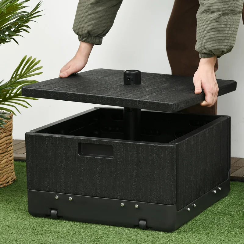 Outsunny Base para Sombrilla Exterior 3 en 1, Mesa Auxiliar, Macetero con Orificio de Drenaje, Soporte de Parasol Rellenable Arena 80 kg con Ruedas y Asas para Sombrilla con Postes Ø38 y Ø48 mm, Negro