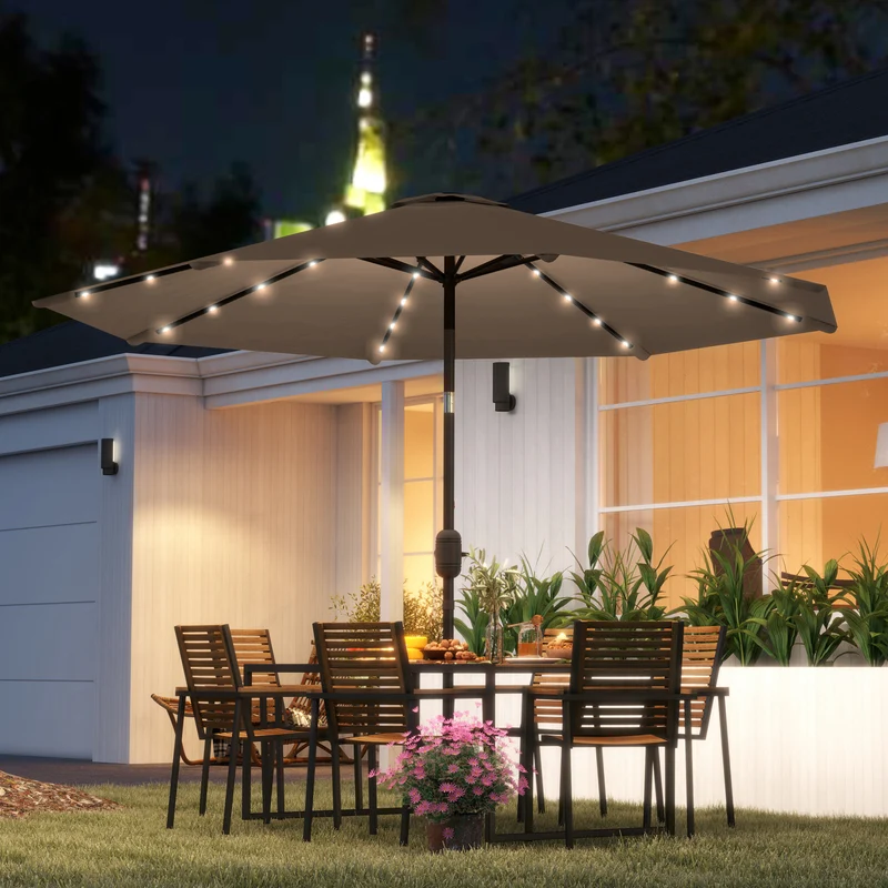 Outsunny Sombrilla Terraza Exterior, Ø265 cm, Sombrilla de Jardín con 32 Luces LED Solares, Poste de Acero y Manivela de Parasol Inclinable, para Patio, Terraza, Caqui