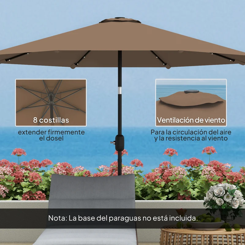 Outsunny Sombrilla Terraza Exterior, Ø265 cm, Sombrilla de Jardín con 32 Luces LED Solares, Poste de Acero y Manivela de Parasol Inclinable, para Patio, Terraza, Caqui