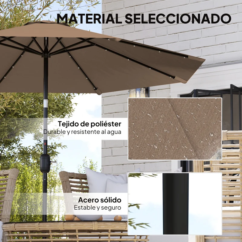 Outsunny Sombrilla Terraza Exterior, Ø265 cm, Sombrilla de Jardín con 32 Luces LED Solares, Poste de Acero y Manivela de Parasol Inclinable, para Patio, Terraza, Caqui