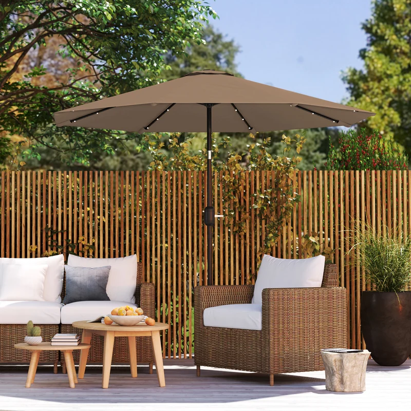 Outsunny Sombrilla Terraza Exterior, Ø265 cm, Sombrilla de Jardín con 32 Luces LED Solares, Poste de Acero y Manivela de Parasol Inclinable, para Patio, Terraza, Caqui