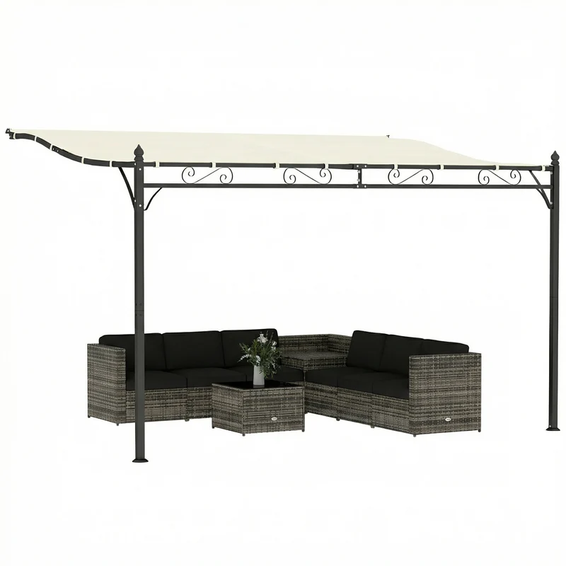 Outsunny Pérgola de Pared de Jardín 2,5x3,5 m, Cenador de Jardín con Techo Inclinado, Orificios de Drenaje y Estructura Metálica Resistente, UPF30, Gazebo para Patio, Terraza, Balcón, Blanco Crema