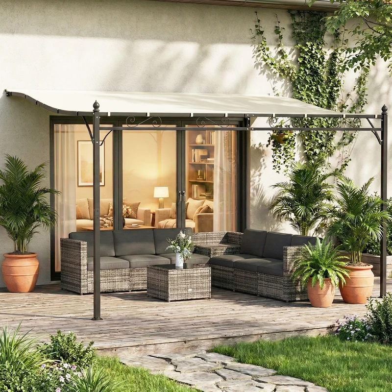 Outsunny Pérgola de Pared de Jardín 2,5x3,5 m, Cenador de Jardín con Techo Inclinado, Orificios de Drenaje y Estructura Metálica Resistente, UPF30, Gazebo para Patio, Terraza, Balcón, Blanco Crema