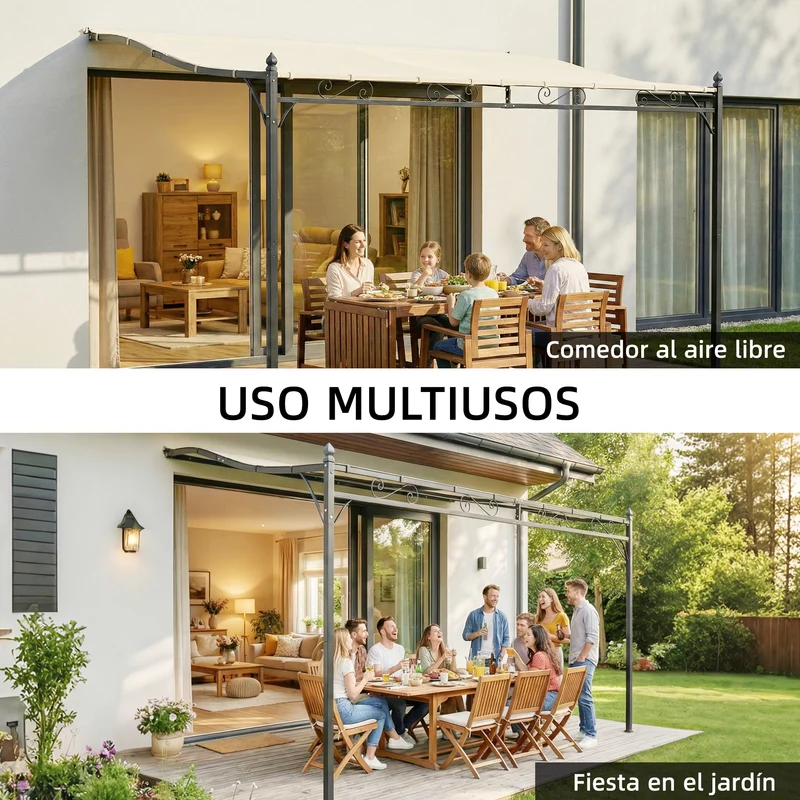 Outsunny Pérgola de Pared de Jardín 2,5x3,5 m, Cenador de Jardín con Techo Inclinado, Orificios de Drenaje y Estructura Metálica Resistente, UPF30, Gazebo para Patio, Terraza, Balcón, Blanco Crema
