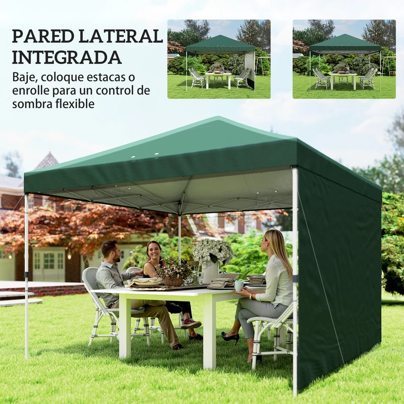 Outsunny Carpa Plegable 3x3 m, Pop-up, con Pared Lateral, Cenador de Jardín con Protección UPF50+, Empuje Central, Altura Ajustable, Bolsa de Transporte, Gazebo para Camping, Exterior, Verde