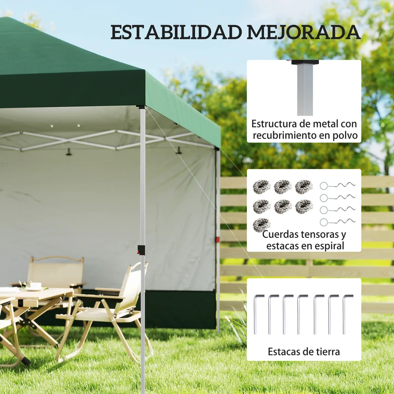 Outsunny Carpa Plegable 3x3 m, Pop-up, con Pared Lateral, Cenador de Jardín con Protección UPF50+, Empuje Central, Altura Ajustable, Bolsa de Transporte, Gazebo para Camping, Exterior, Verde