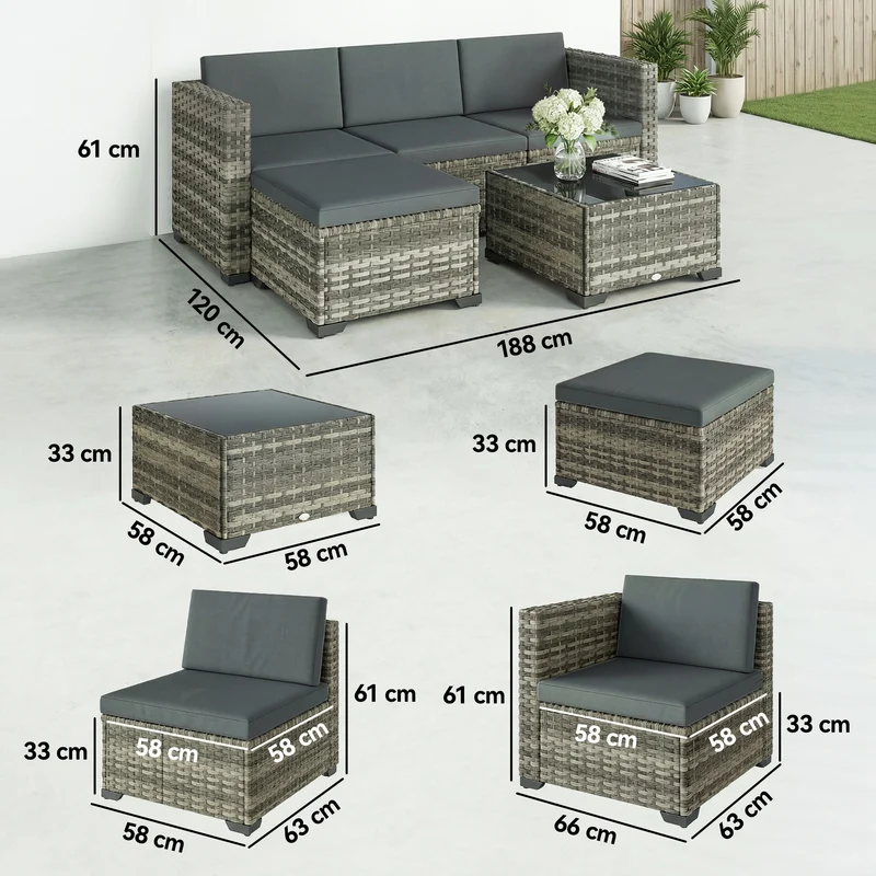 Outsunny Conjunto de Jardín de Ratán de 5 Piezas, Conjunto Terraza Resistente, Muebles Jardín Exterior Incluye Cojines, 2 Sillones de Esquina, Sillón sin Brazos, Reposapiés y Mesa Centro, Gris Oscuro