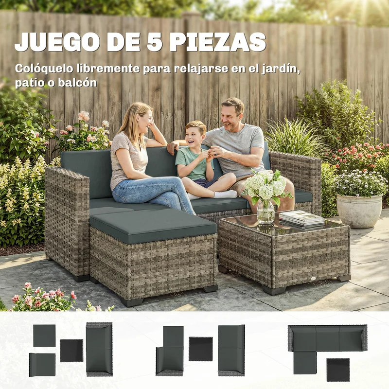 Outsunny Conjunto de Jardín de Ratán de 5 Piezas, Conjunto Terraza Resistente, Muebles Jardín Exterior Incluye Cojines, 2 Sillones de Esquina, Sillón sin Brazos, Reposapiés y Mesa Centro, Gris Oscuro
