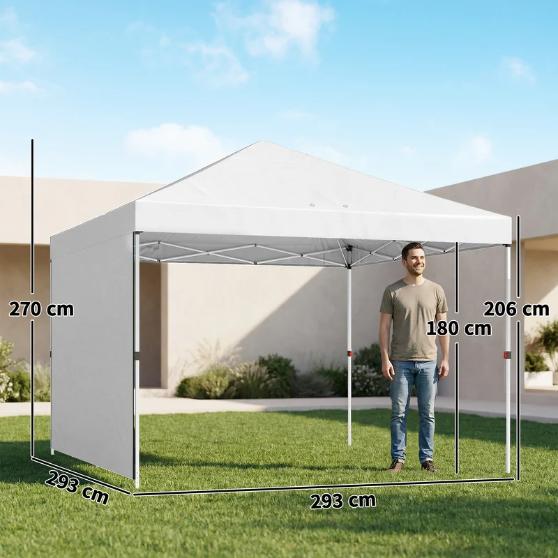 Outsunny Carpa Plegable 3x3 m, Pop-up, con Pared Lateral, Cenador de Jardín con Protección UPF50+, Empuje Central, Altura Ajustable, Bolsa de Transporte, Gazebo para Camping, Exterior, Blanco