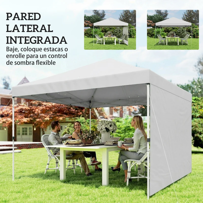 Outsunny Carpa Plegable 3x3 m, Pop-up, con Pared Lateral, Cenador de Jardín con Protección UPF50+, Empuje Central, Altura Ajustable, Bolsa de Transporte, Gazebo para Camping, Exterior, Blanco