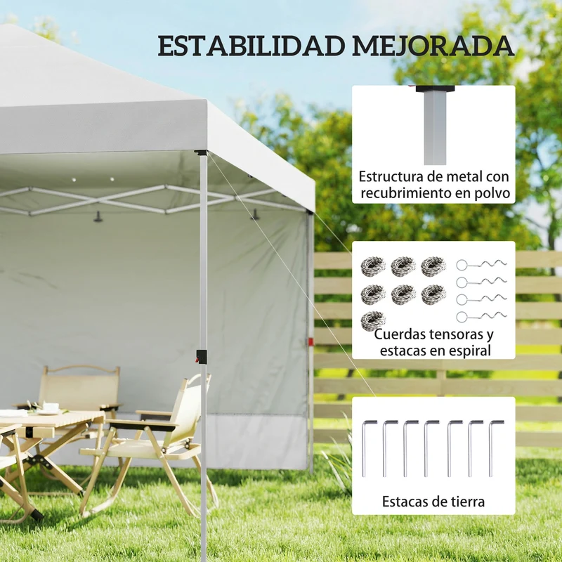 Outsunny Carpa Plegable 3x3 m, Pop-up, con Pared Lateral, Cenador de Jardín con Protección UPF50+, Empuje Central, Altura Ajustable, Bolsa de Transporte, Gazebo para Camping, Exterior, Blanco