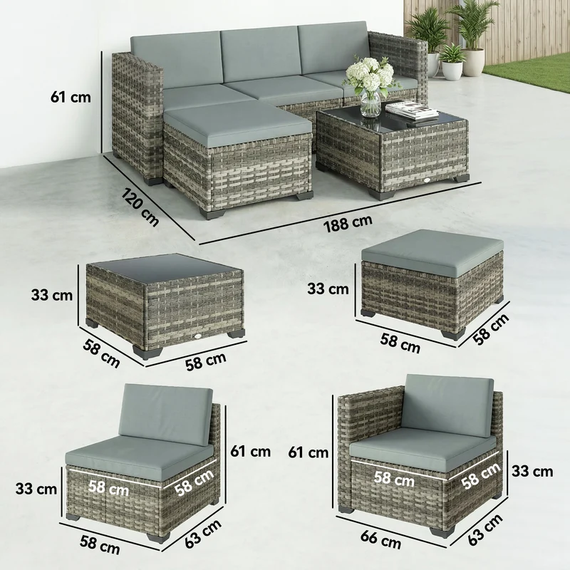 Outsunny Conjunto de Jardín de Ratán de 5 Piezas, Conjunto Terraza Resistente, Muebles Jardín Exterior Incluye Cojines, 2 Sillones de Esquina, Sillón sin Brazos, Reposapiés y Mesa Centro, Gris Claro