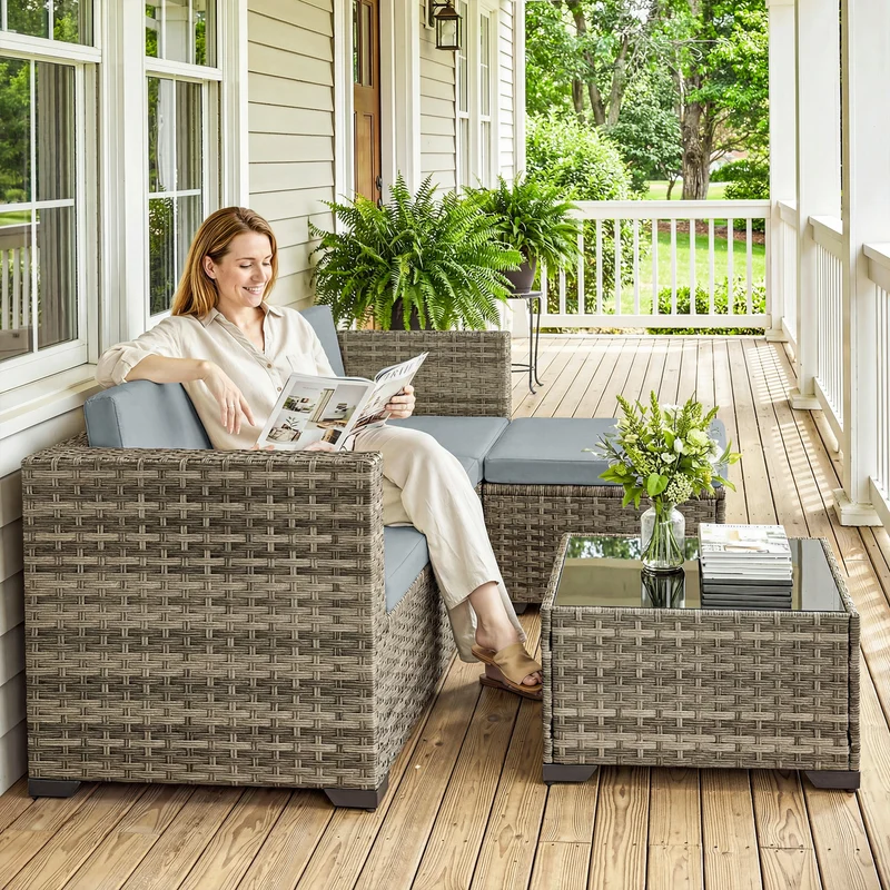 Outsunny Conjunto de Jardín de Ratán de 5 Piezas, Conjunto Terraza Resistente, Muebles Jardín Exterior Incluye Cojines, 2 Sillones de Esquina, Sillón sin Brazos, Reposapiés y Mesa Centro, Gris Claro