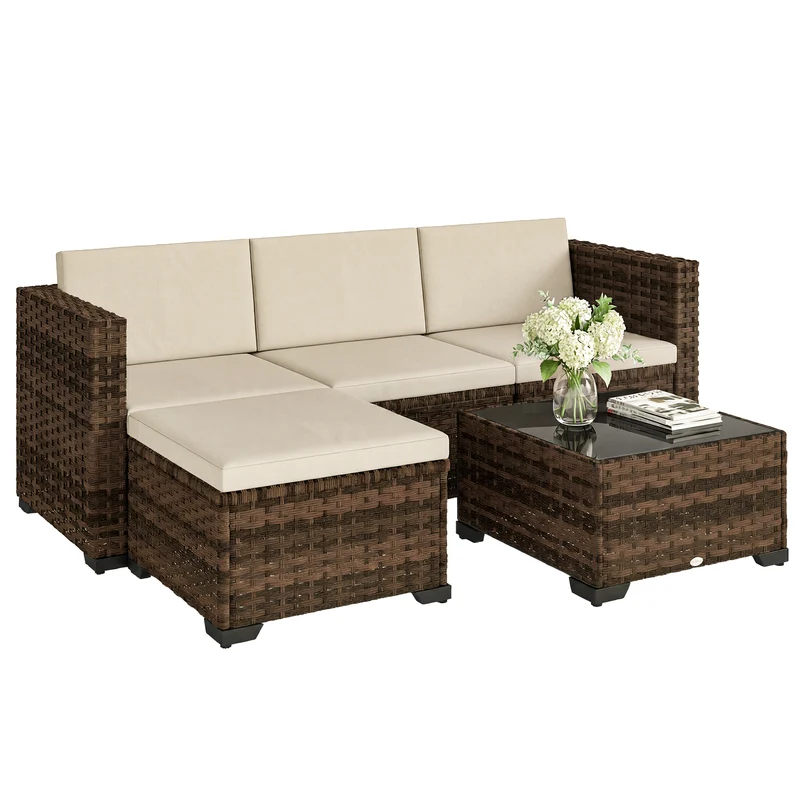Conjunto jardín ratán 5 piezas – 2 esquineros, sillón, reposapiés y mesa centro, cojines incluidos, caqui | Outsunny