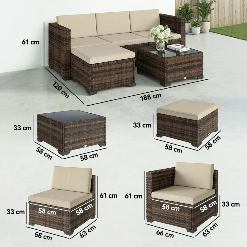 Conjunto jardín ratán 5 piezas – 2 esquineros, sillón, reposapiés y mesa centro, cojines incluidos, caqui | Outsunny