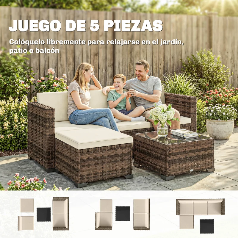 Conjunto jardín ratán 5 piezas – 2 esquineros, sillón, reposapiés y mesa centro, cojines incluidos, caqui | Outsunny