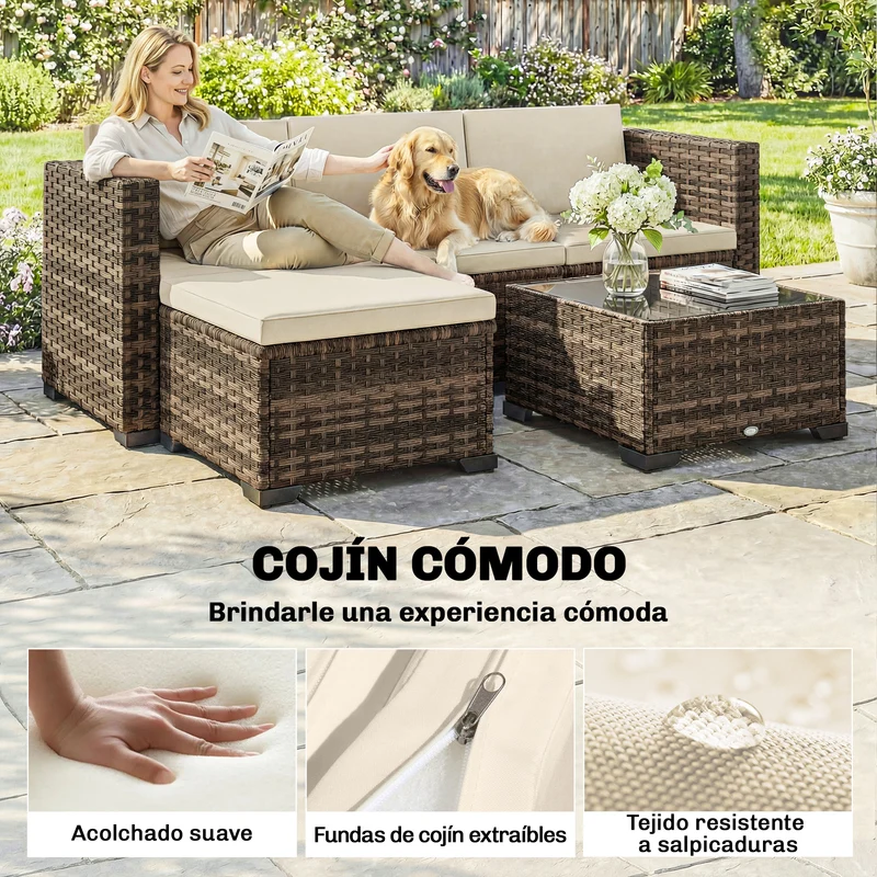 Conjunto jardín ratán 5 piezas – 2 esquineros, sillón, reposapiés y mesa centro, cojines incluidos, caqui | Outsunny