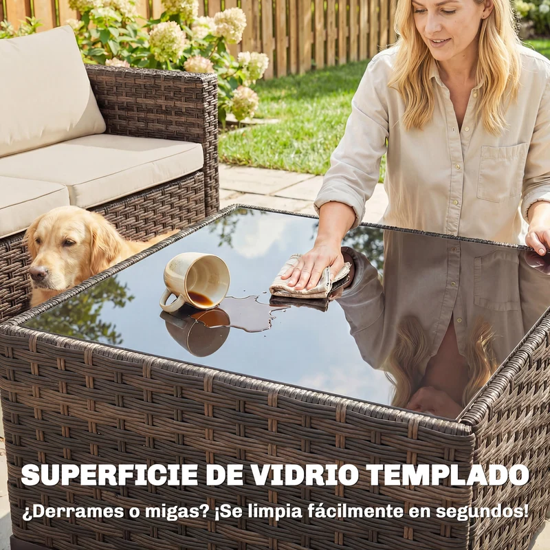 Conjunto jardín ratán 5 piezas – 2 esquineros, sillón, reposapiés y mesa centro, cojines incluidos, caqui | Outsunny