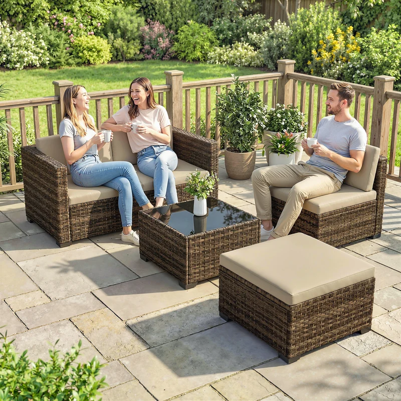 Conjunto jardín ratán 5 piezas – 2 esquineros, sillón, reposapiés y mesa centro, cojines incluidos, caqui | Outsunny