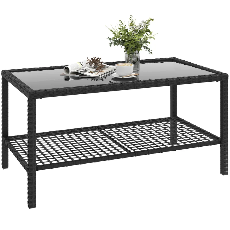 Outsunny Mesa de Jardín de Ratán, Mesita Auxiliar con Estante, Tablero de Vidrio Templado, Estructura de Acero, para Terraza, Patio, Balcón, 92x50x45 cm, Negro