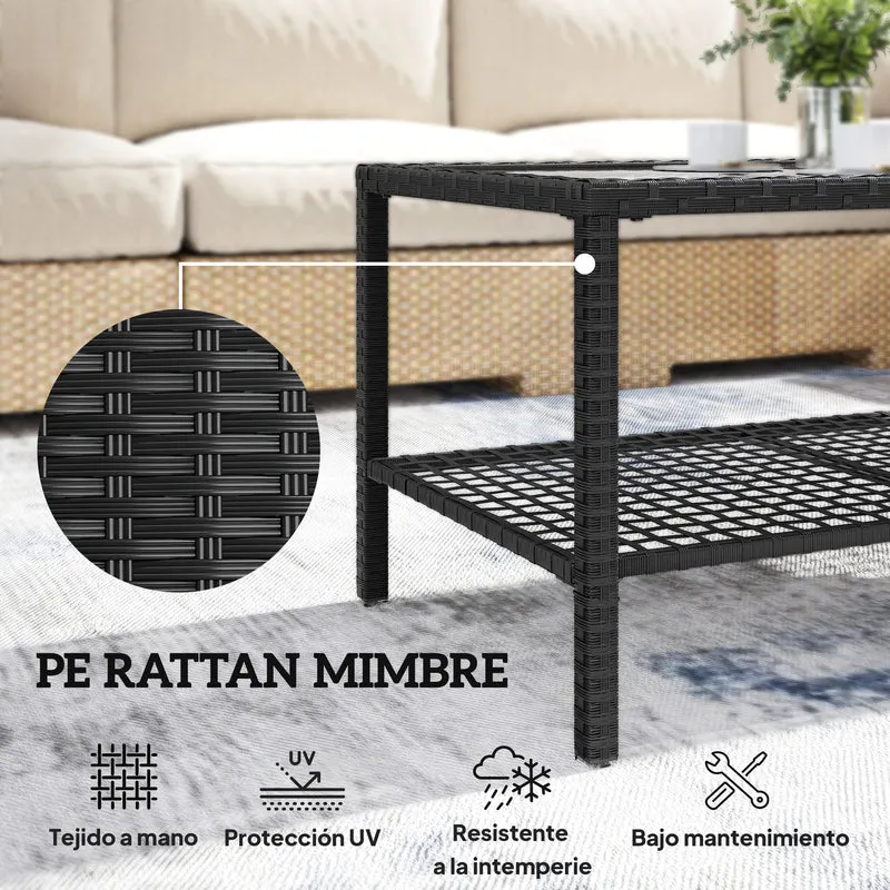 Outsunny Mesa de Jardín de Ratán, Mesita Auxiliar con Estante, Tablero de Vidrio Templado, Estructura de Acero, para Terraza, Patio, Balcón, 92x50x45 cm, Negro
