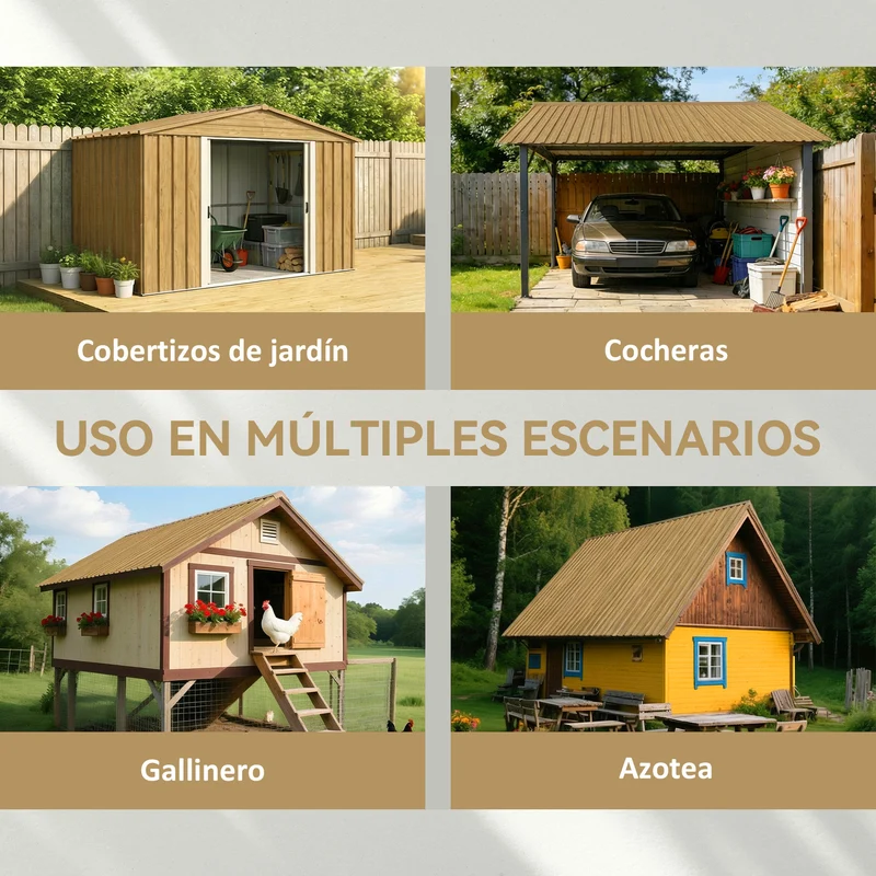 Outsunny 12x Paneles para Tejado de Acero Galvanizado, Chapas Perfiladas de Techo 7m², para Caseta de Herramientas, Cobertizo, Garaje, Exterior, 129x45cm, Madera Natural