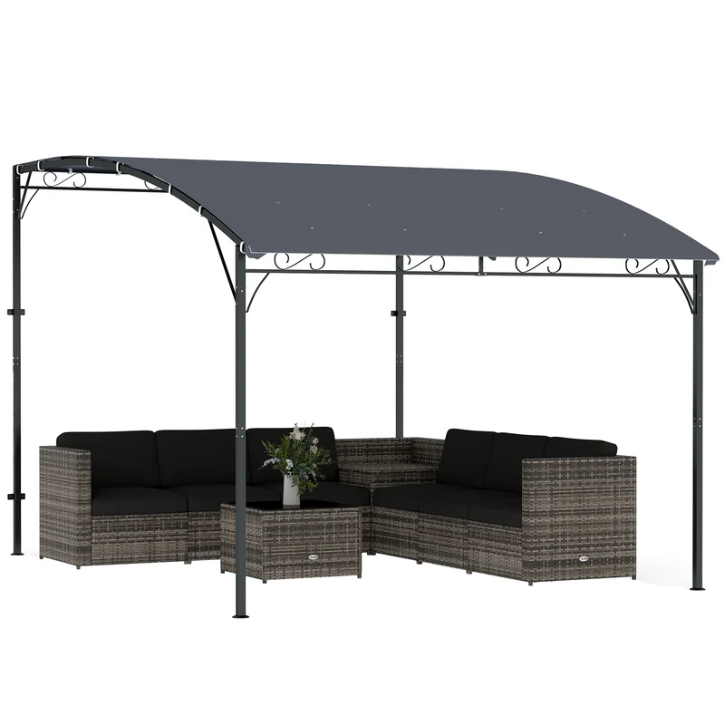 Outsunny Pérgola de Pared de Jardín 2,8x3,8 m, Cenador de Jardín con Techo Inclinado, Orificios de Drenaje y Estructura Metálica, Resistente a la Intemperie, para Patio, Terraza, Balcón, Gris