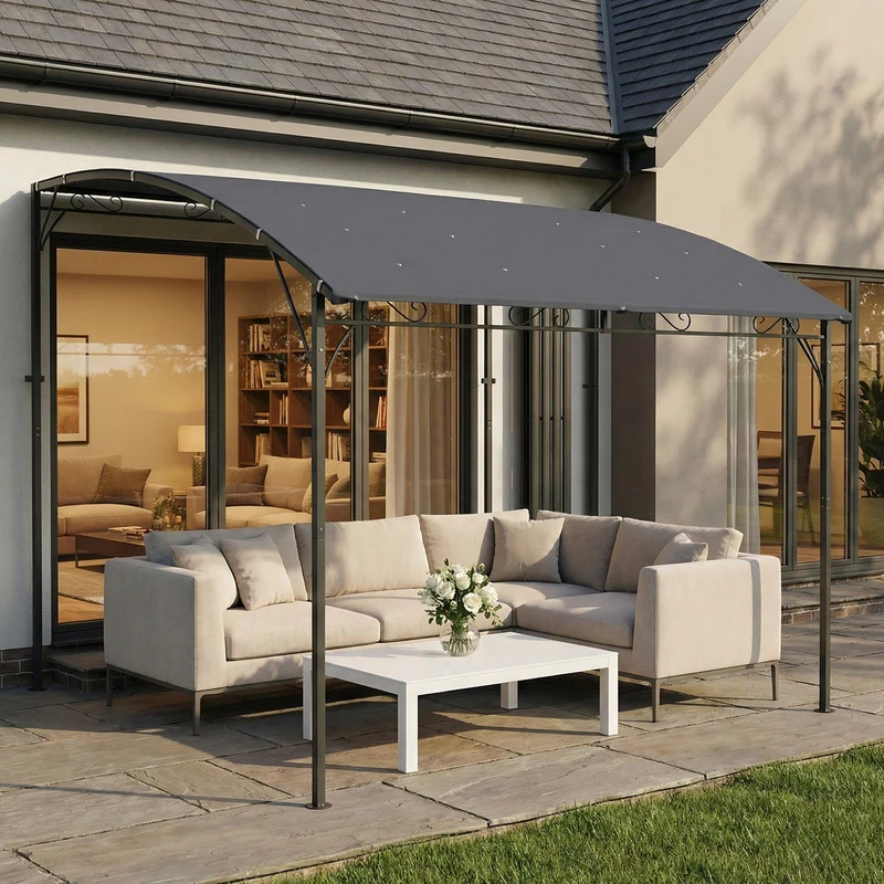 Outsunny Pérgola de Pared de Jardín 2,8x3,8 m, Cenador de Jardín con Techo Inclinado, Orificios de Drenaje y Estructura Metálica, Resistente a la Intemperie, para Patio, Terraza, Balcón, Gris