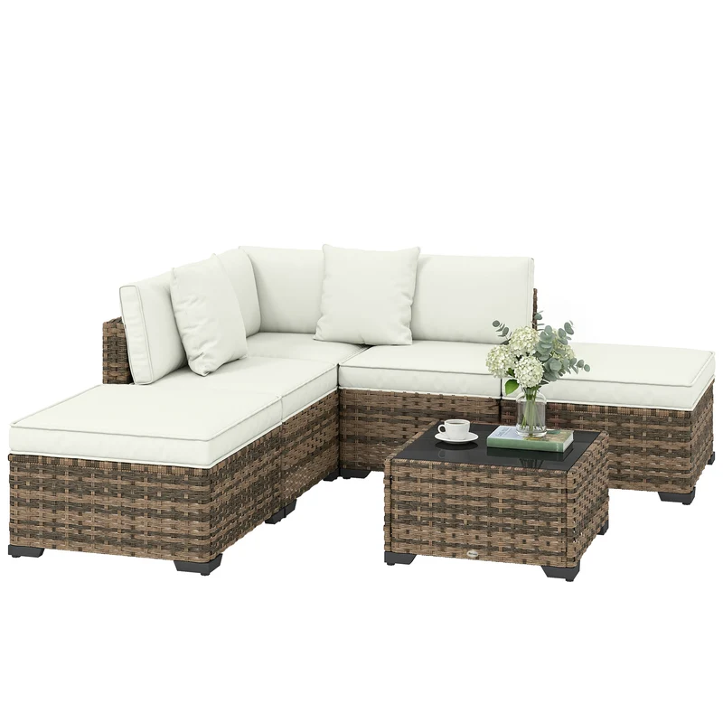 Outsunny Conjunto de Jardín de Ratán de 6 Piezas, Conjunto Terraza Resistente, Muebles Jardín Exterior Incluye Cojines, 4 Módulos de Asiento, 1 Sofá Esquinero y Mesa Centro de Vidrio, Amarillo Mixto