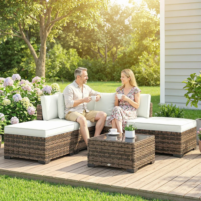 Outsunny Conjunto de Jardín de Ratán de 6 Piezas, Conjunto Terraza Resistente, Muebles Jardín Exterior Incluye Cojines, 4 Módulos de Asiento, 1 Sofá Esquinero y Mesa Centro de Vidrio, Amarillo Mixto