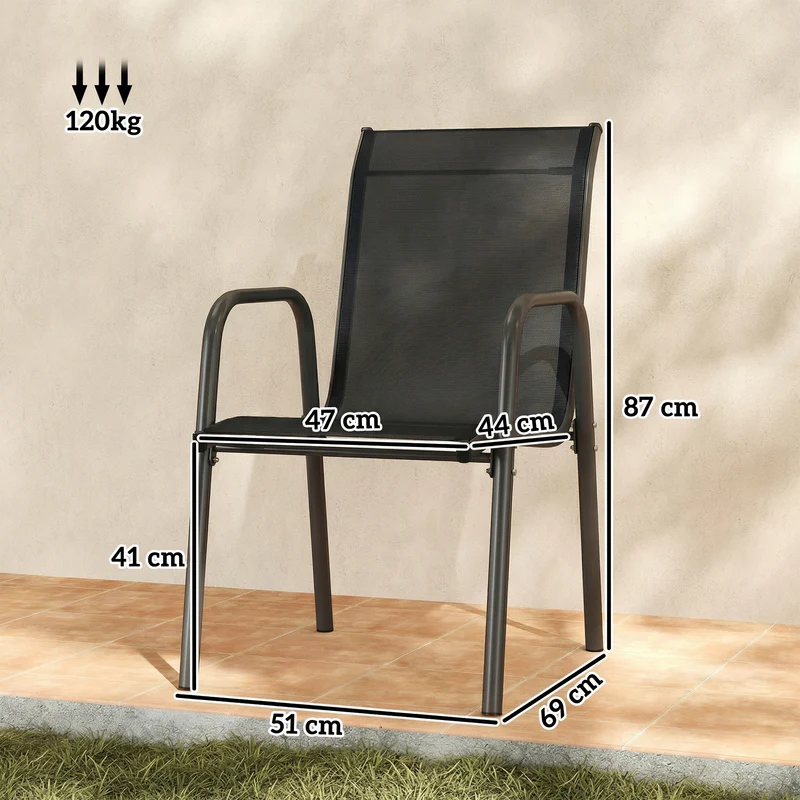Outsunny Juego de 6 Sillas de Jardín Exterior Apilables, Sillas Terraza Exterior con Reposabrazos, Asiento y Respaldo de Malla Transpirable, Estructura Metálica Resistente, 51x69x87 cm, Negro