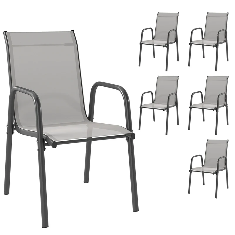 Outsunny Juego de 6 Sillas de Jardín Exterior Apilables, Sillas Terraza Exterior con Reposabrazos, Asiento y Respaldo de Malla Transpirable, Estructura Metálica Resistente, 51x69x87 cm, Gris Claro