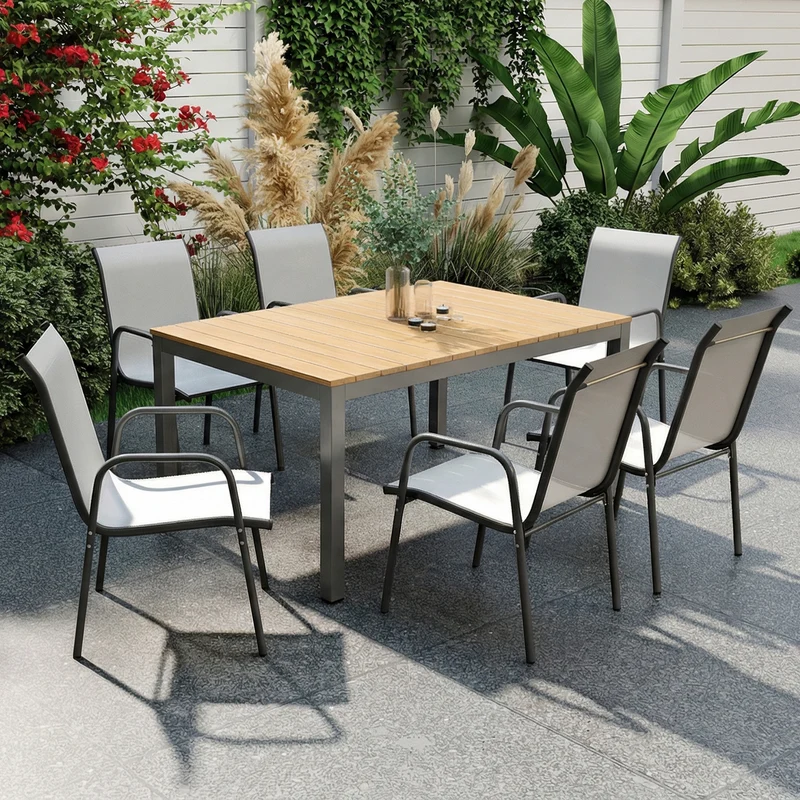 Outsunny Juego de 6 Sillas de Jardín Exterior Apilables, Sillas Terraza Exterior con Reposabrazos, Asiento y Respaldo de Malla Transpirable, Estructura Metálica Resistente, 51x69x87 cm, Gris Claro