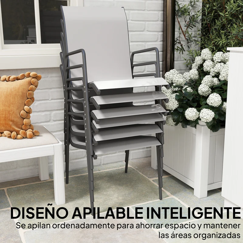 Outsunny Juego de 6 Sillas de Jardín Exterior Apilables, Sillas Terraza Exterior con Reposabrazos, Asiento y Respaldo de Malla Transpirable, Estructura Metálica Resistente, 51x69x87 cm, Gris Claro