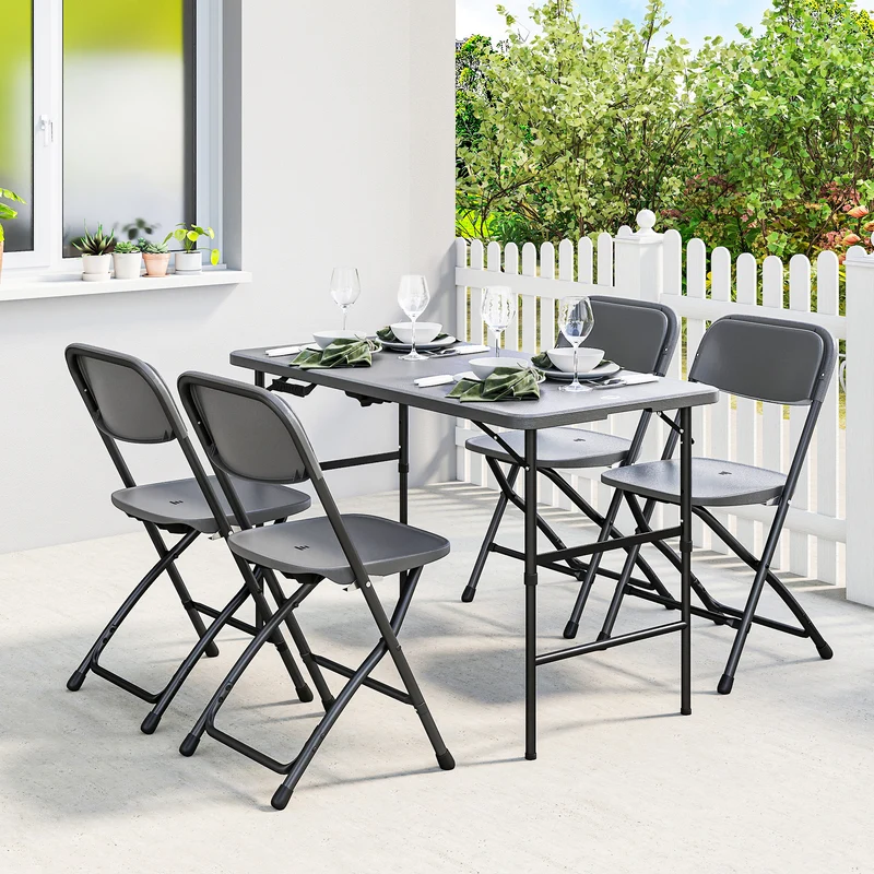 Outsunny Conjunto de Mesa y Sillas Jardín de 5 Piezas, Muebles de Jardín Exterior con Mesa Plegable Ajustable de 55 a 74 cm, 4 Sillas Plegables y Encimera de HDPE, para Terraza Patio, Gris Oscuro