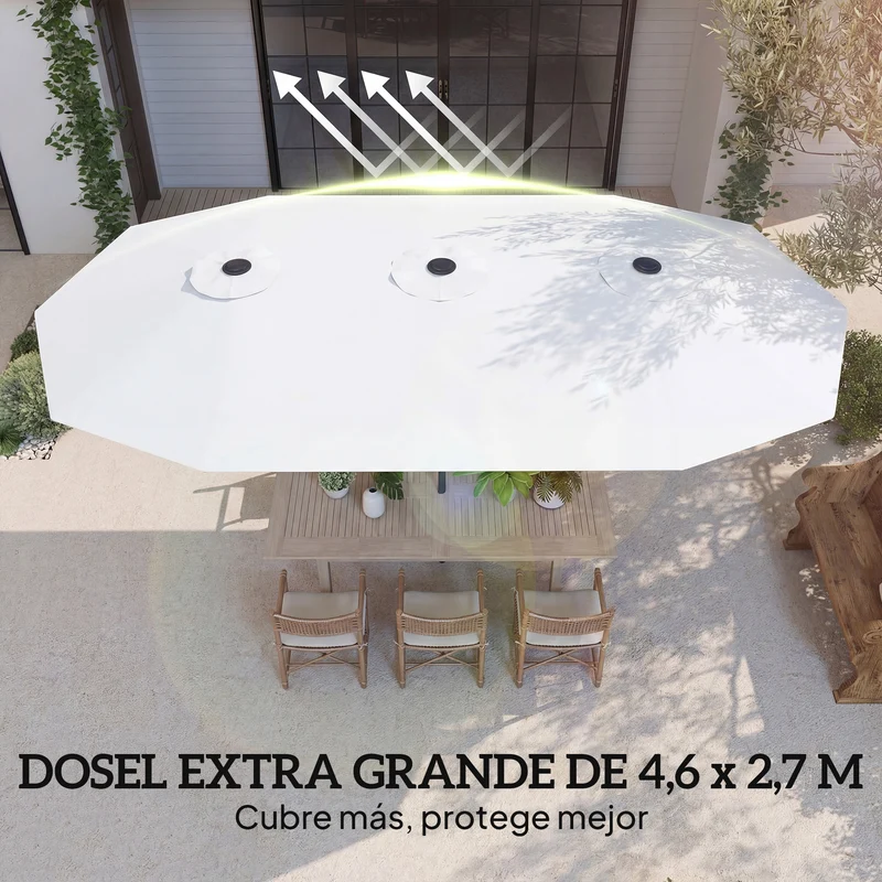 Outsunny Sombrilla Doble 4,6x2,6 m, Sombrilla Terraza Exterior con Manivela Manual, Protección UV50+, Funda Protectora, Resistente al Agua, Parasol para Jardín, Terraza, Patio, Blanco