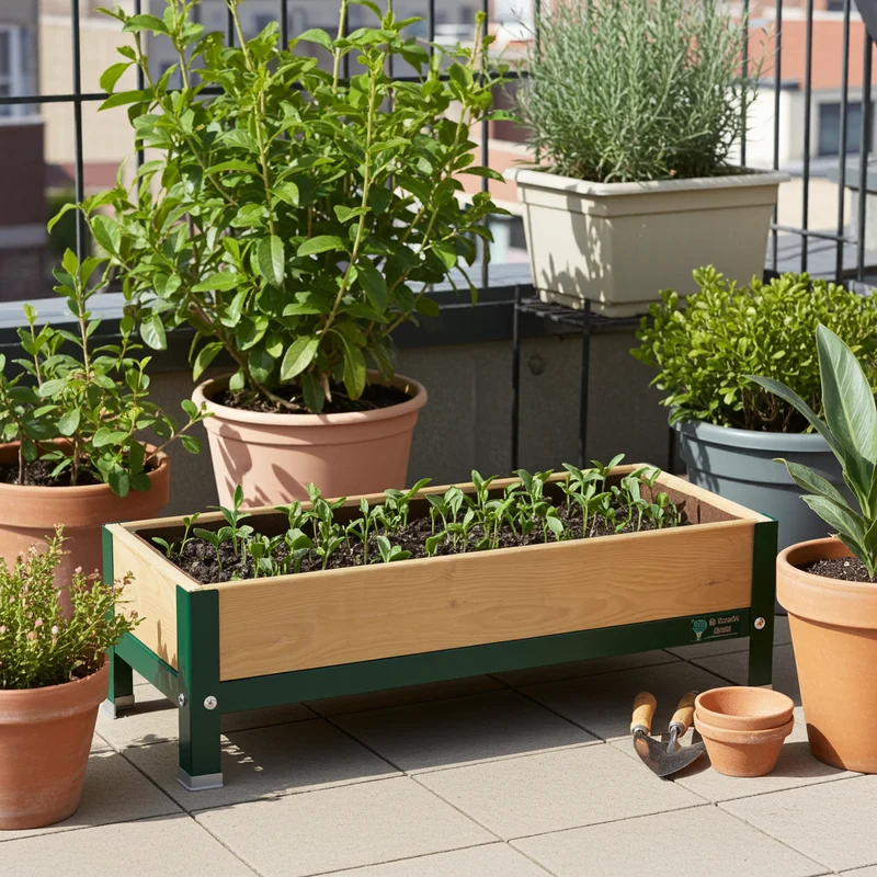 Jardinera Elevada De Madera Verde 90x30x26 Cm De Estructura Metálica Y Bandeja Recoge Aguas Mi Huerto Urban