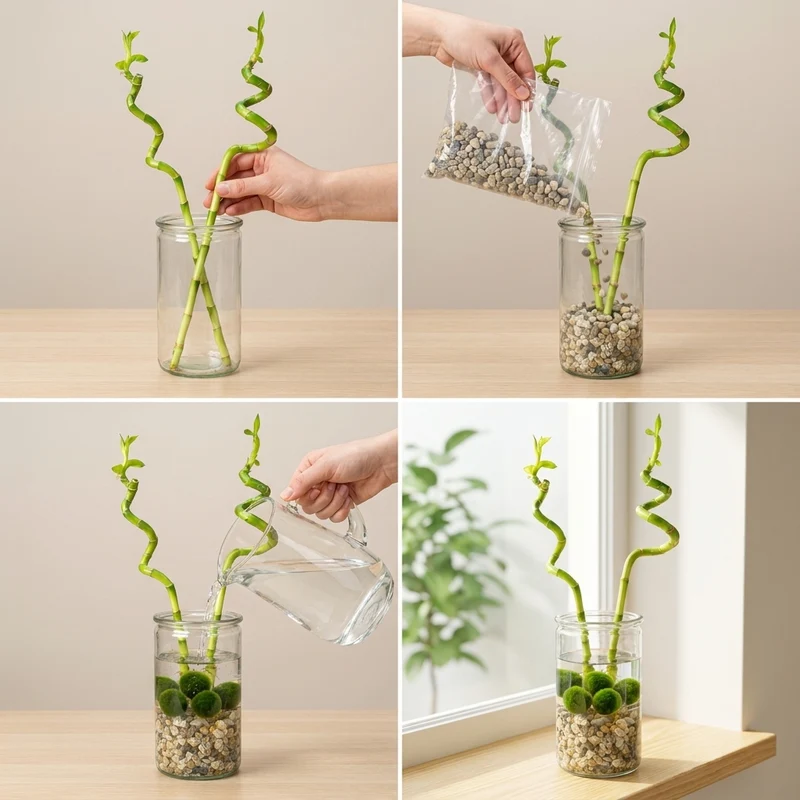 Lucky Bamboo Set De 2 - Vaso, Piedras Y 5 Bolas De Musgo Marimo - 40cm