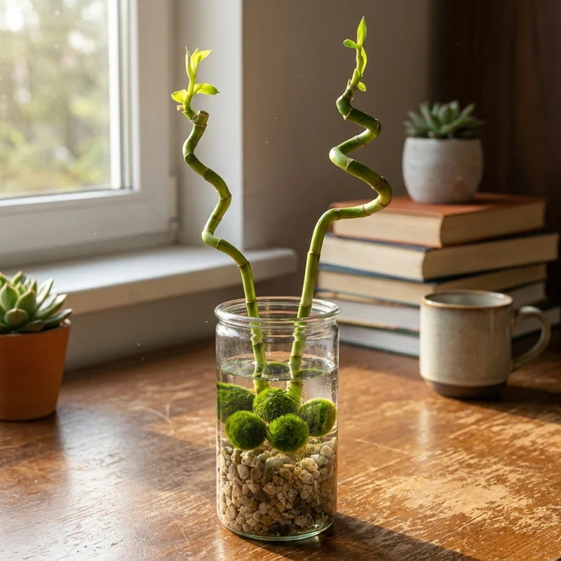 Lucky Bamboo Set De 2 - Vaso, Piedras Y 5 Bolas De Musgo Marimo - 40cm