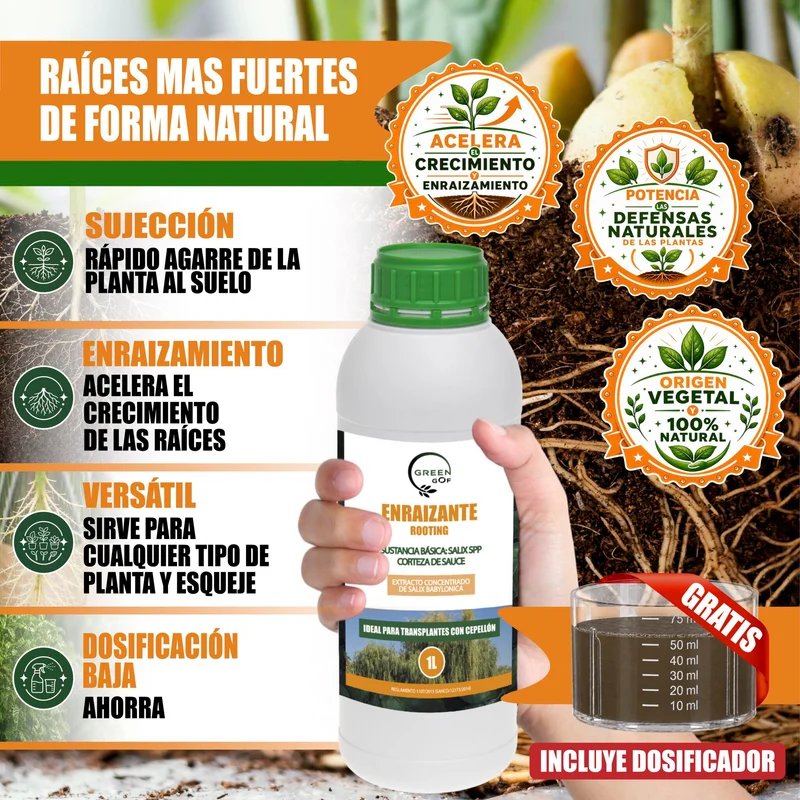 GREEN GOF Enraizante Líquido, 1L. Orgánico con Hormonas Naturales. Estimula y Aumenta el Crecimiento de Raíces.