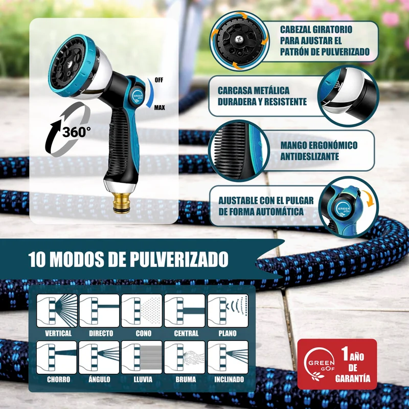 GREEN GOF Manguera De Jardín Premium 15m. 10 Funciones Pulverización, Ligera, Extensible. Alta Resistencia. Azul.