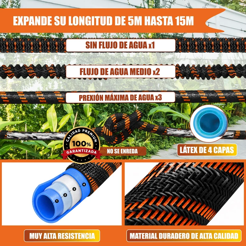 GREEN GOF Manguera De Jardín Premium 15m. 10 Funciones Pulverización, Ligera, Extensible. Alta Resistencia. Naranja.