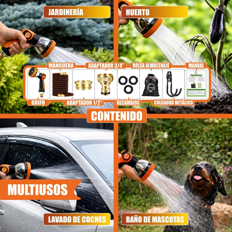 GREEN GOF Manguera De Jardín Premium 15m. 10 Funciones Pulverización, Ligera, Extensible. Alta Resistencia. Naranja.