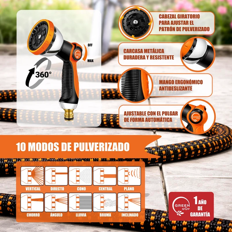 GREEN GOF Manguera De Jardín Premium 30m. 10 Funciones Pulverización, Ligera, Extensible. Alta Resistencia. Naranja.