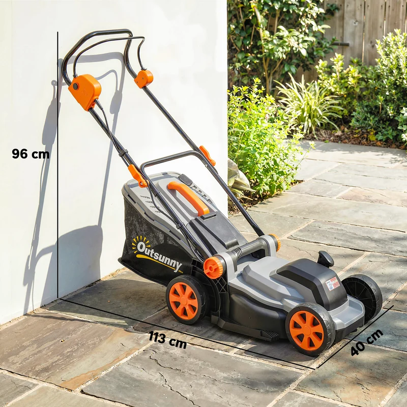 Outsunny Cortacésped a Batería Inalámbrico 18V, 2 Baterías de 4Ah, Ancho de Corte 34 cm hasta 400 m², Función Mulching, Motor sin Escobillas 700 W, Bolsa 35L, 6 Alturas Corte 25-75 mm, Mango Ajustable