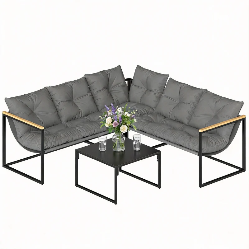 Outsunny Conjunto de Muebles Jardín Exterior de 4 Piezas, Sofá Exterior Seccional Resistente Forma de L con Cojines Gruesos, 2 Sofás de 2 Plazas, Sofá de Esquina y Mesa Centro de Vidrio Templado, Gris