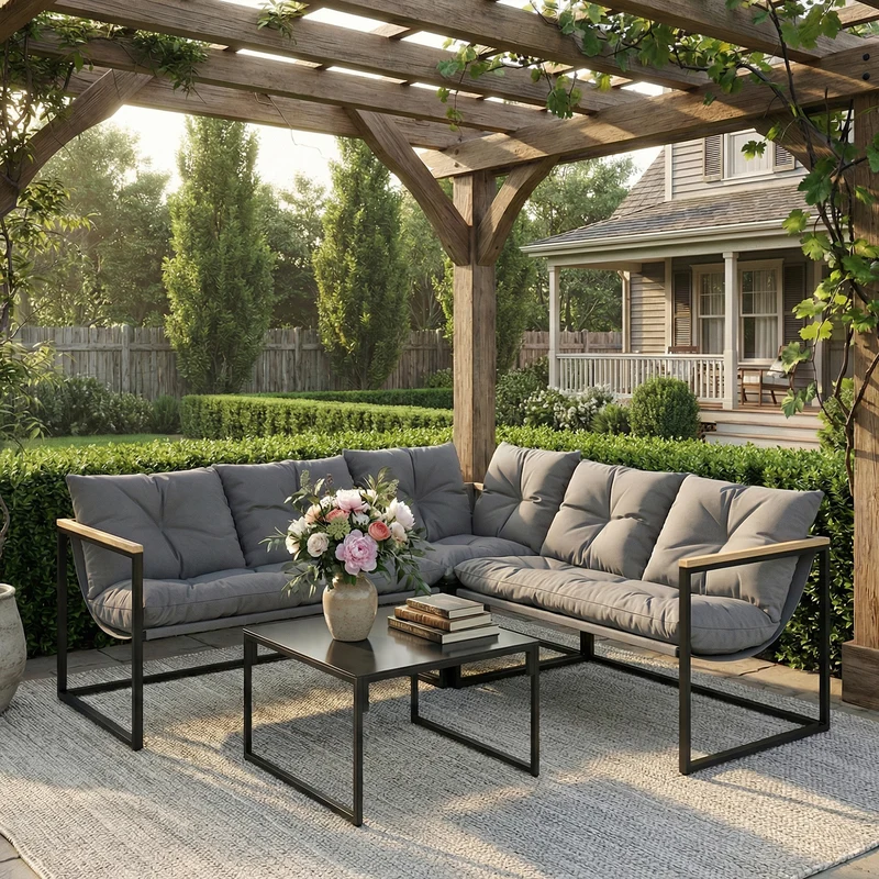Outsunny Conjunto de Muebles Jardín Exterior de 4 Piezas, Sofá Exterior Seccional Resistente Forma de L con Cojines Gruesos, 2 Sofás de 2 Plazas, Sofá de Esquina y Mesa Centro de Vidrio Templado, Gris